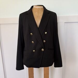 TALBOTS Luxe Ponte Knit Double Breasted Blazer Size 10 Black Career Gold Buttons